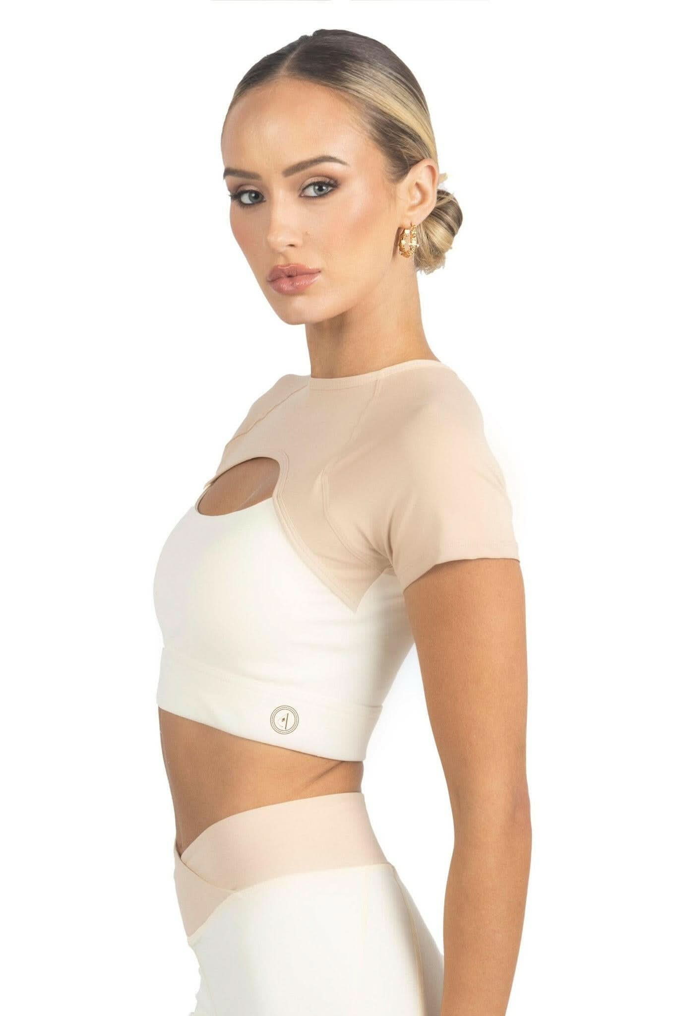 Beige and white color block sports crop top with chest cutout and short sleeves