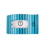 Large flat rectangle teal blue hair clip with white interior and logo