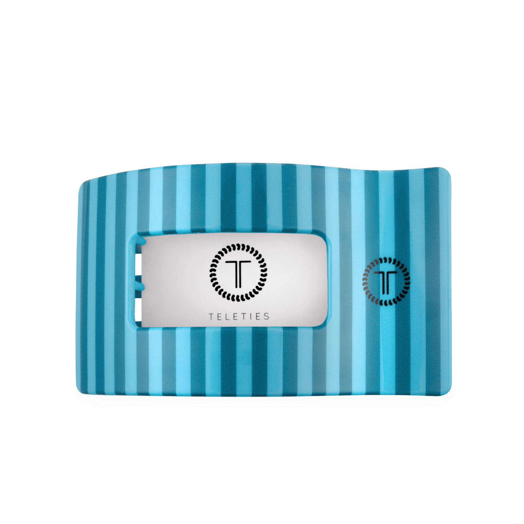Large flat rectangle teal blue hair clip with white interior and logo