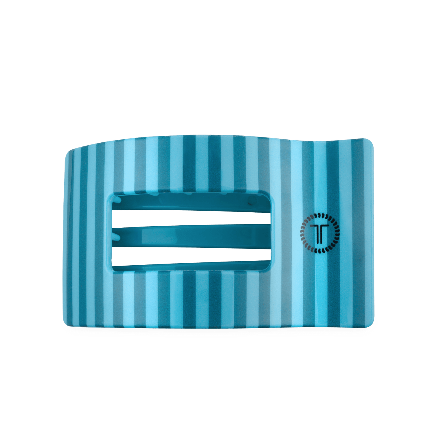 Large flat rectangle hair clip in teal blue with vertical striped pattern
