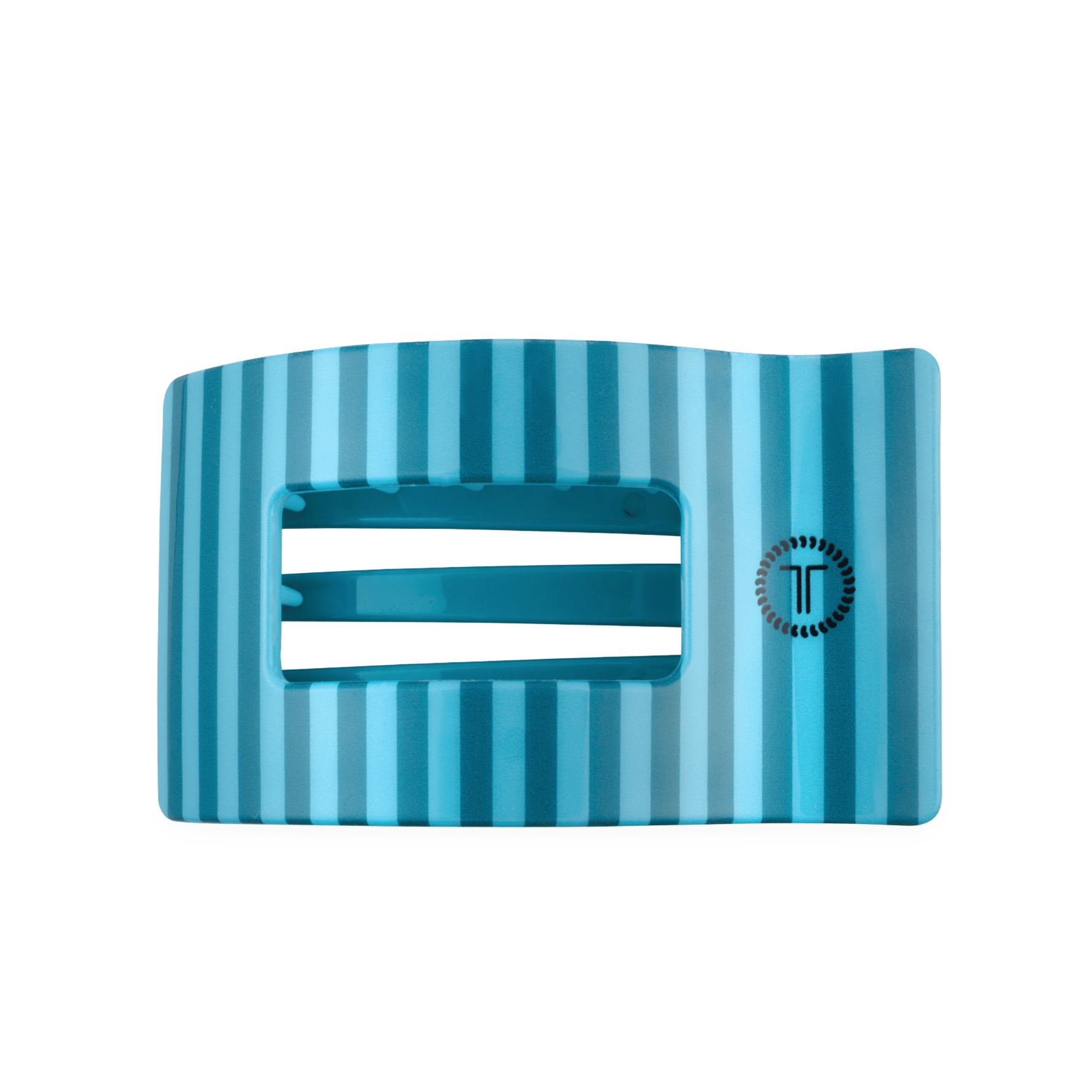 Large flat rectangle hair clip in teal blue with vertical striped pattern