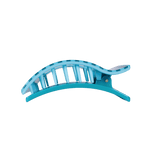 Teal striped large flat rectangle hair clip, side view with open prongs