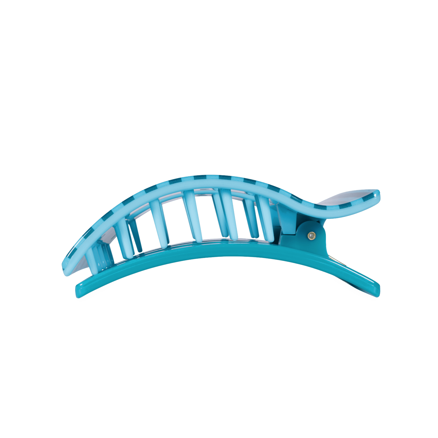 Teal striped large flat rectangle hair clip, side view with open prongs