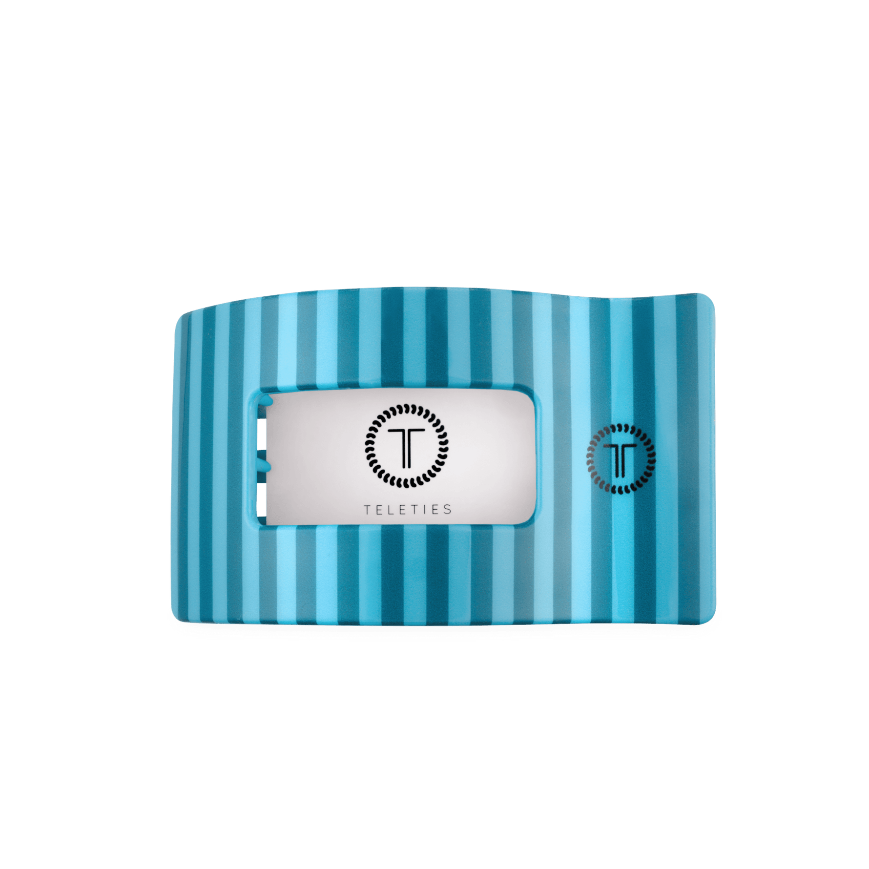 Medium flat rectangle hair clip, striped teal with TELETIES logo on white backing