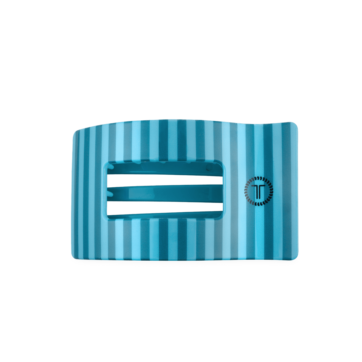 Medium flat rectangle hair clip, teal with vertical stripe pattern and grip teeth