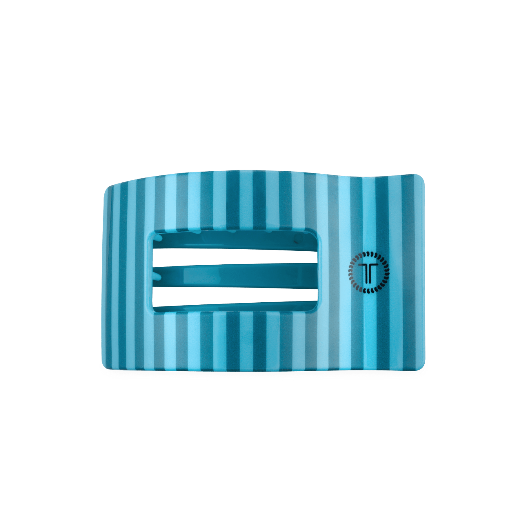 Medium flat rectangle hair clip, teal with vertical stripe pattern and grip teeth