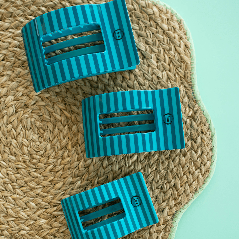 Set of medium flat rectangle hair clips, striped teal with grip teeth