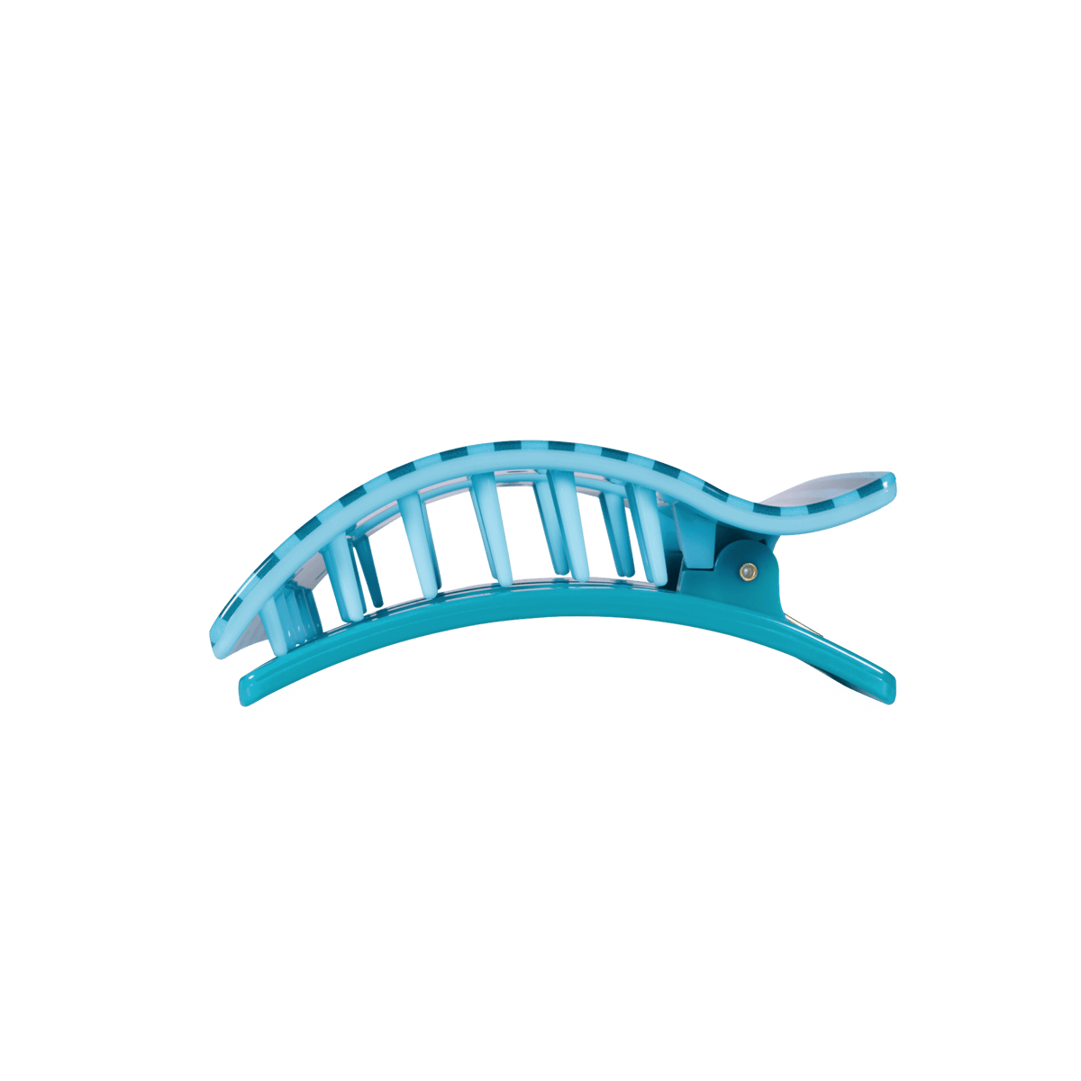 Striped teal medium flat rectangle hair clip, side view with spring hinge