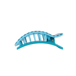 Striped teal medium flat rectangle hair clip, side view with spring hinge