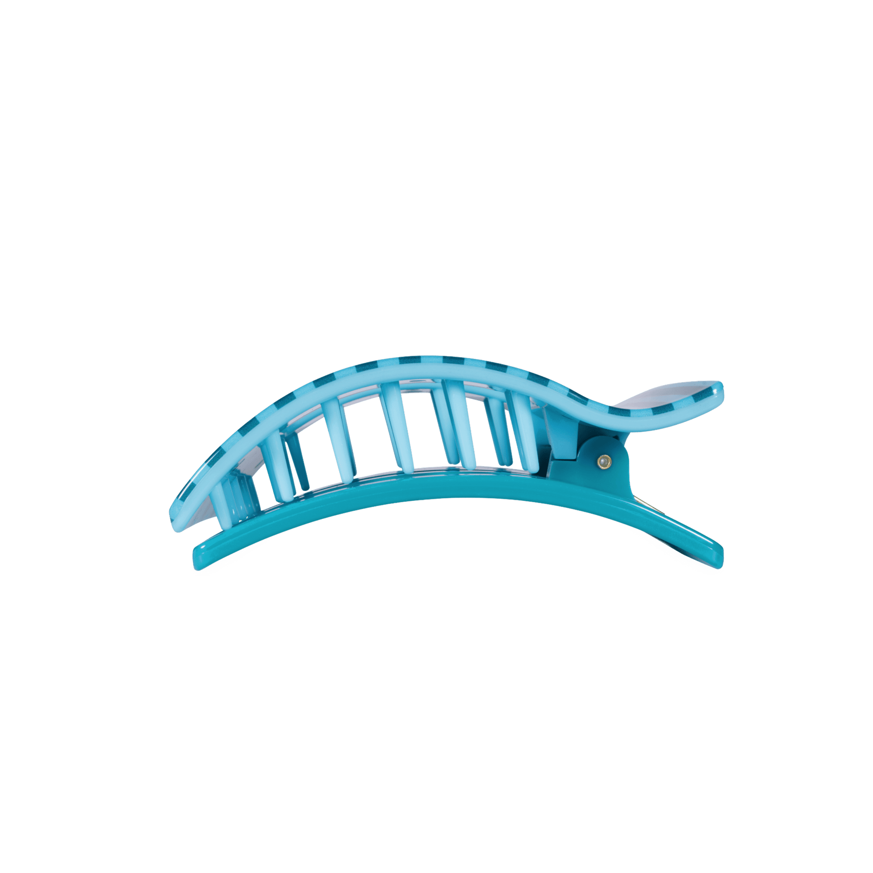 Striped teal medium flat rectangle hair clip, side view with spring hinge