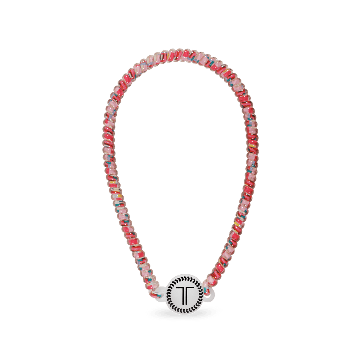 Beaded headband in pink, blue, and silver with a round black charm