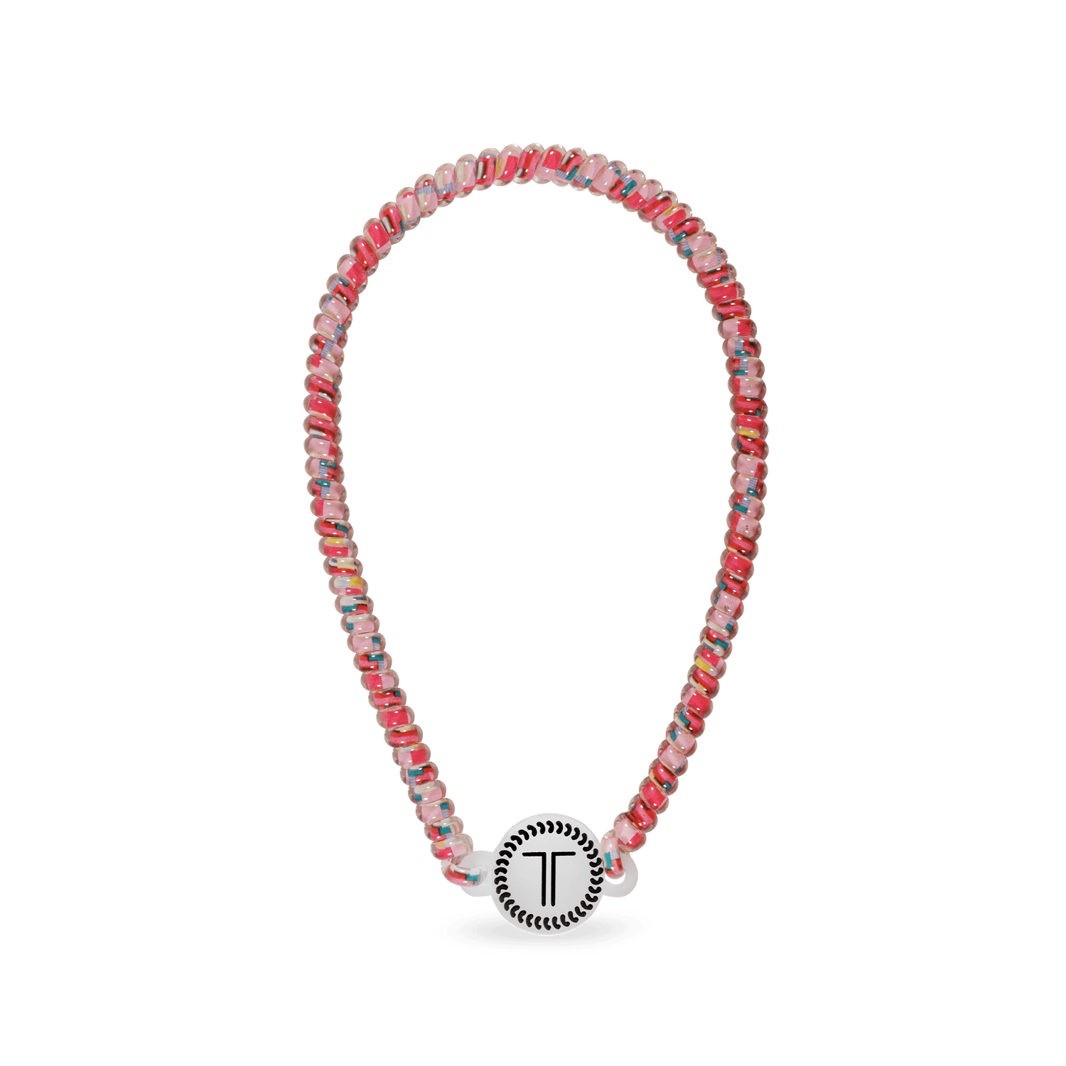 Beaded headband in pink, blue, and silver with a round black charm