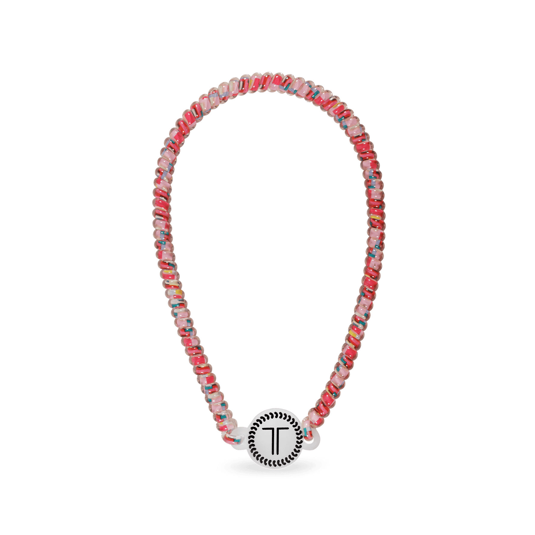 Beaded headband in pink, blue, and silver with a round black charm