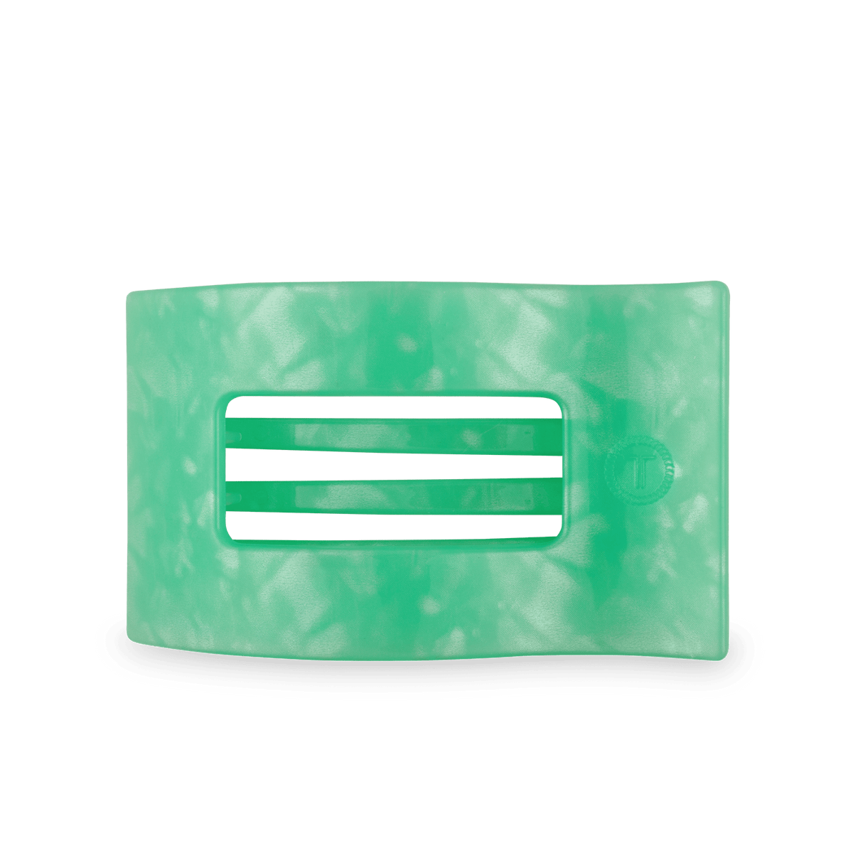 Large flat rectangle hair clip, translucent mint green with three bar cutouts.