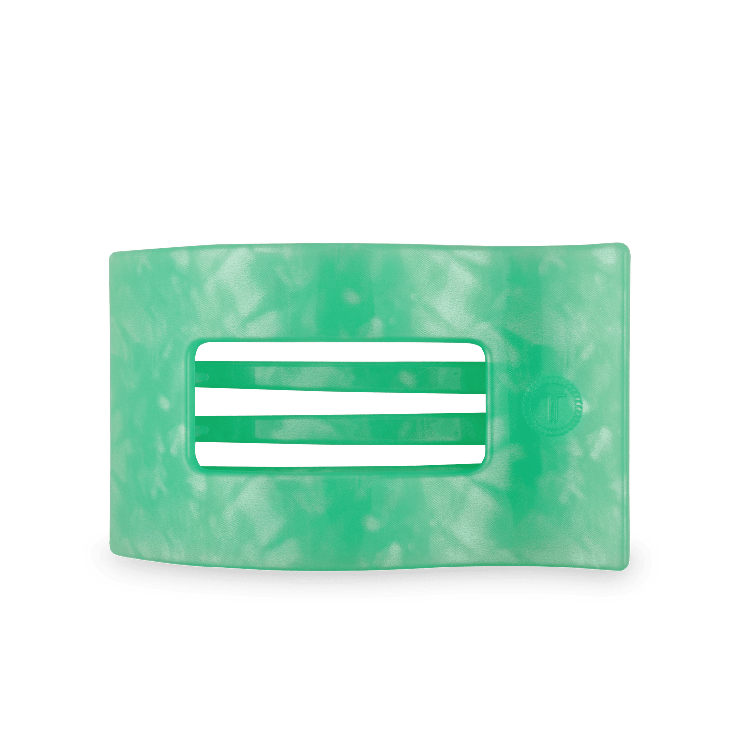 Large flat rectangle hair clip, translucent mint green with three bar cutouts.