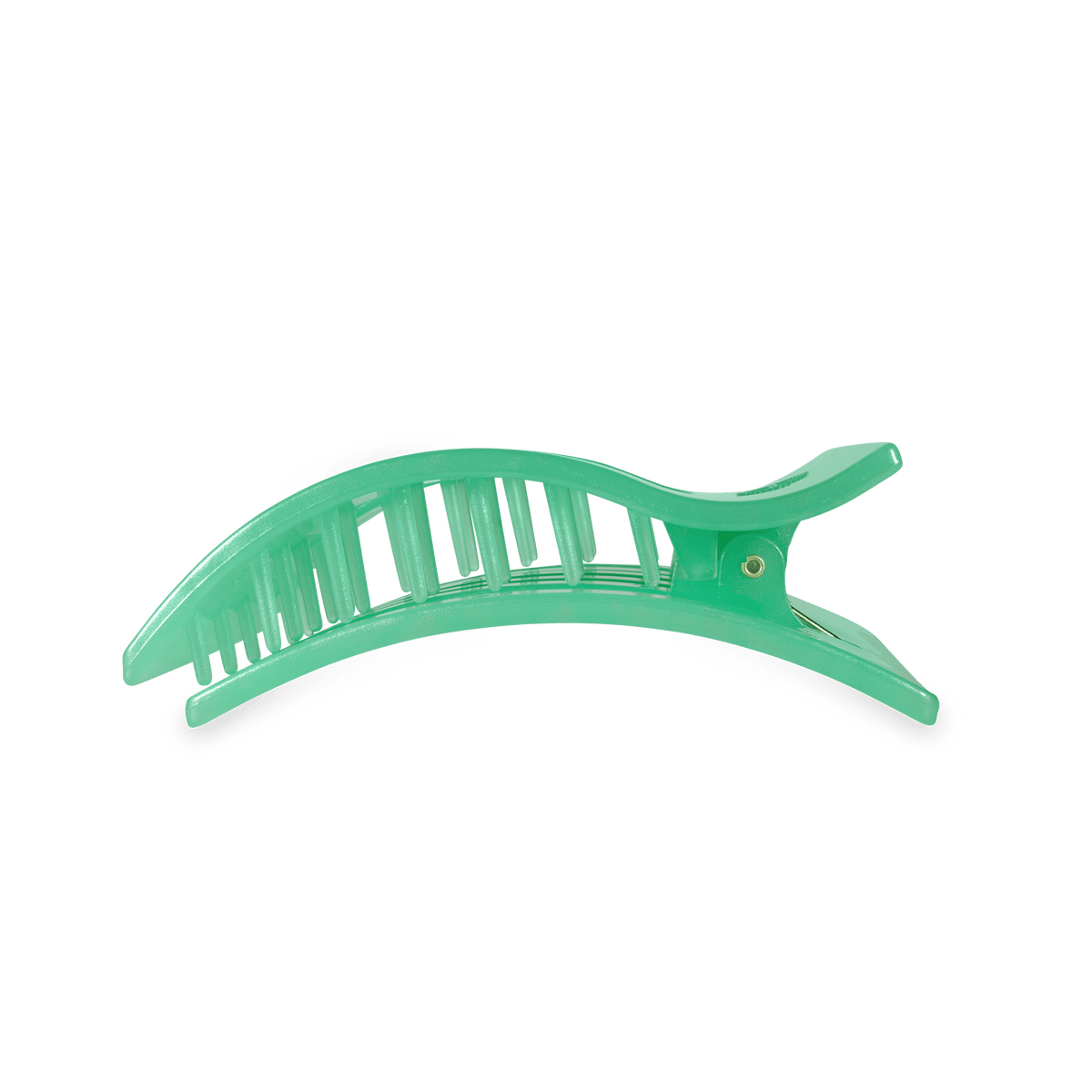 Curved claw hair clip, translucent mint green with ribbed grip.