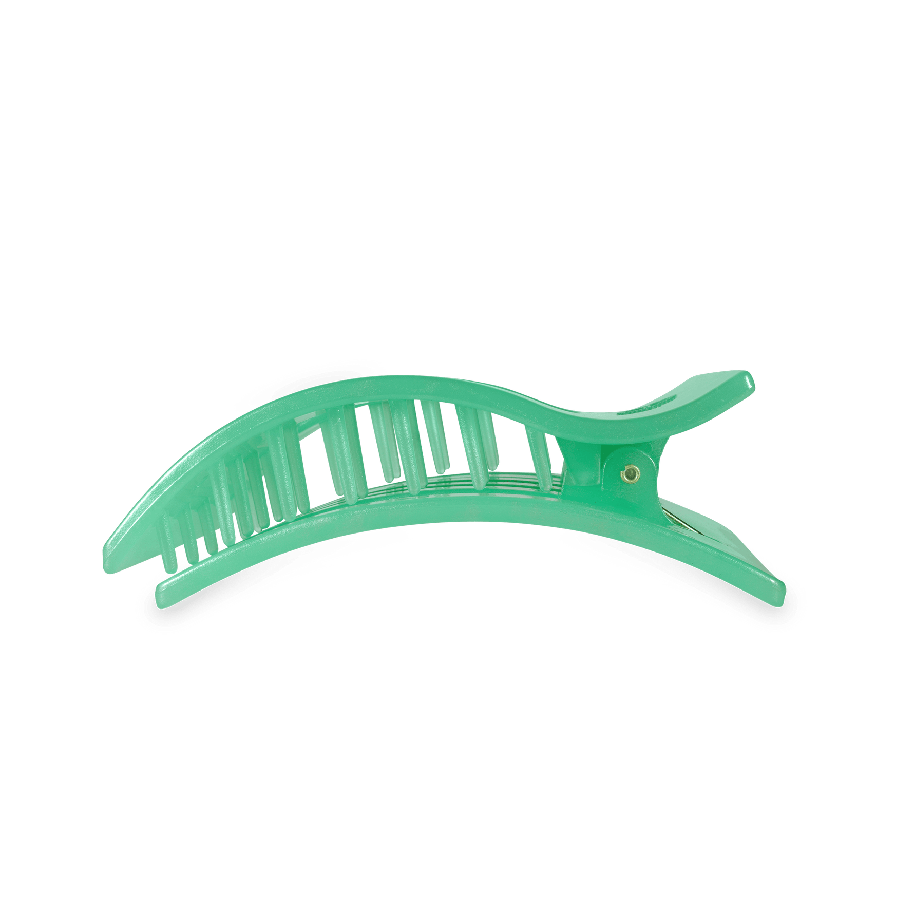 Curved claw hair clip, translucent mint green with ribbed grip.