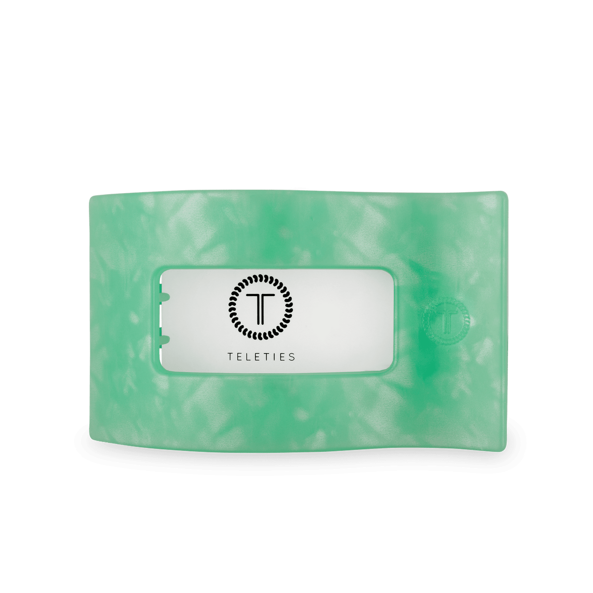 Large flat rectangle hair clip with TELETIES logo, translucent mint green back.