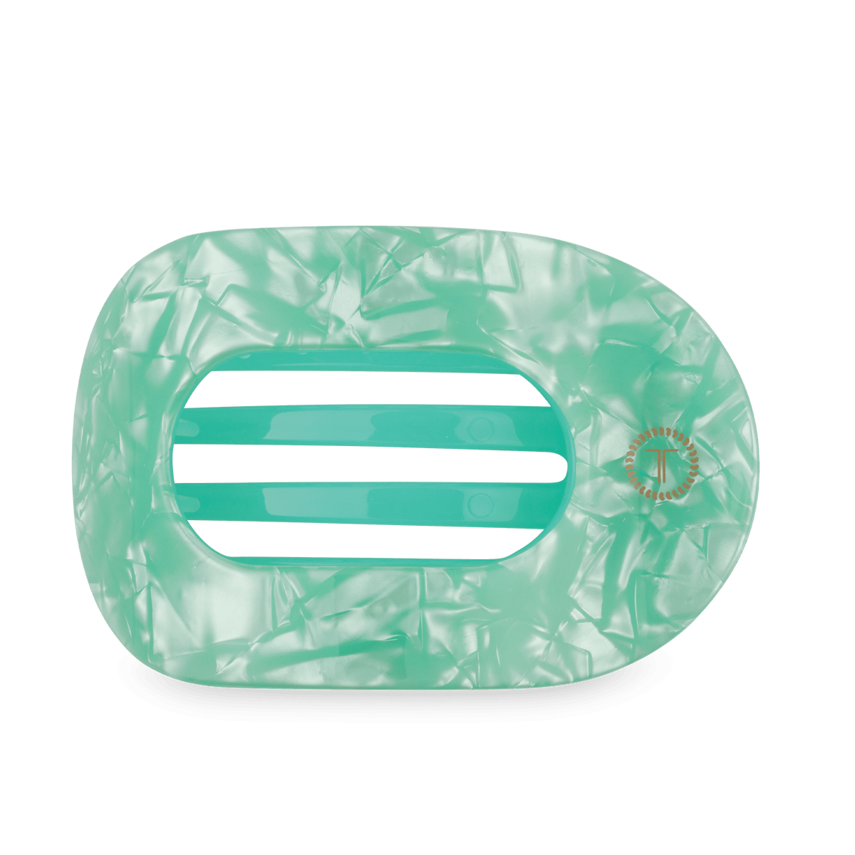 Large flat round hair clip, translucent mint green with marbled texture and striped slots