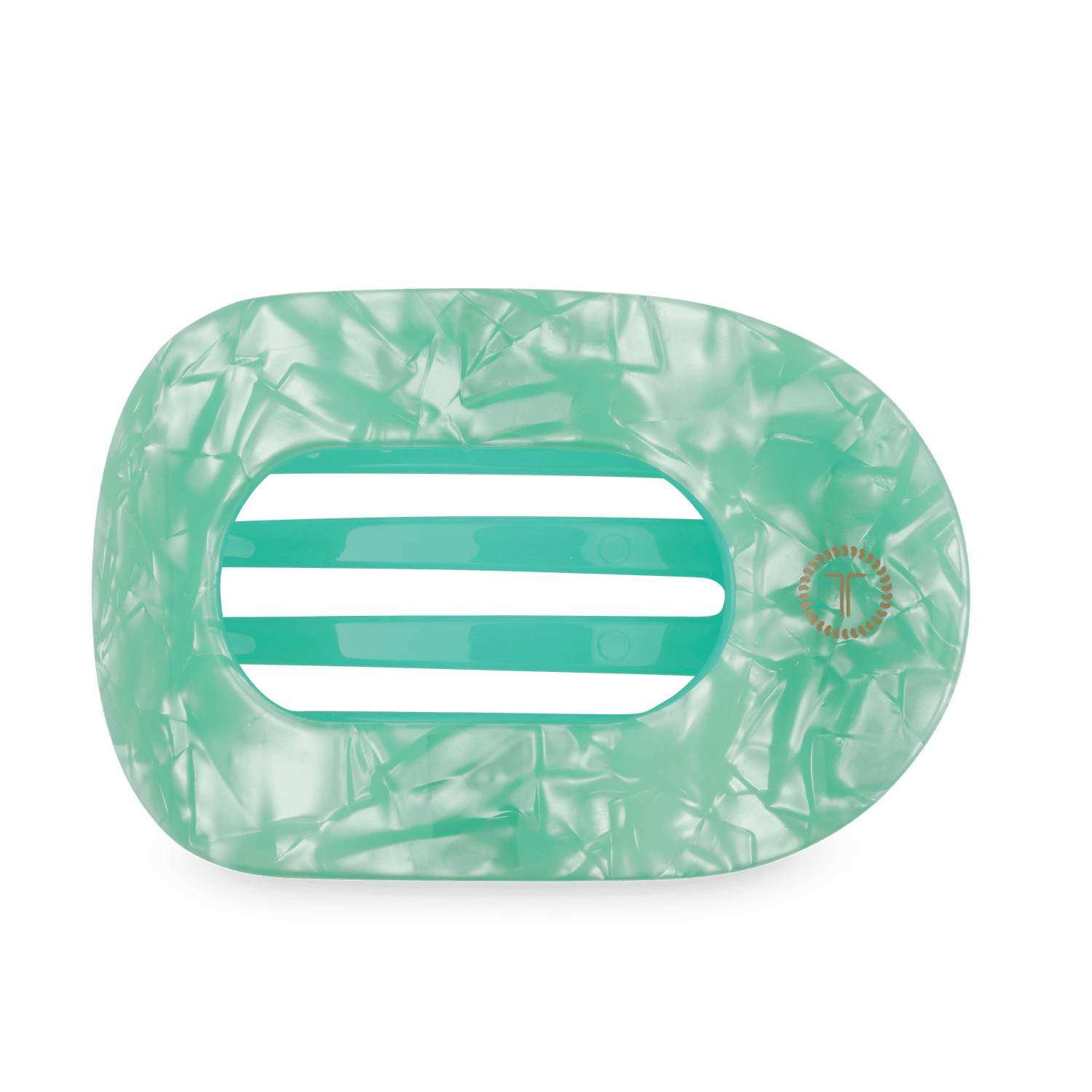 Large flat round hair clip, translucent mint green with marbled texture and striped slots
