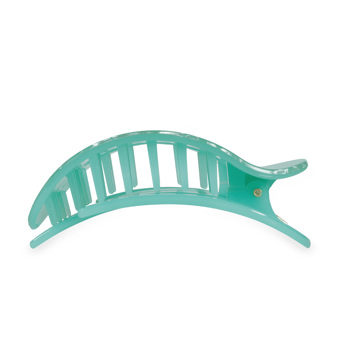 Large flat round hair clip, mint green translucent side view with spring hinge prongs