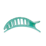 Large flat round hair clip, mint green translucent side view with spring hinge prongs