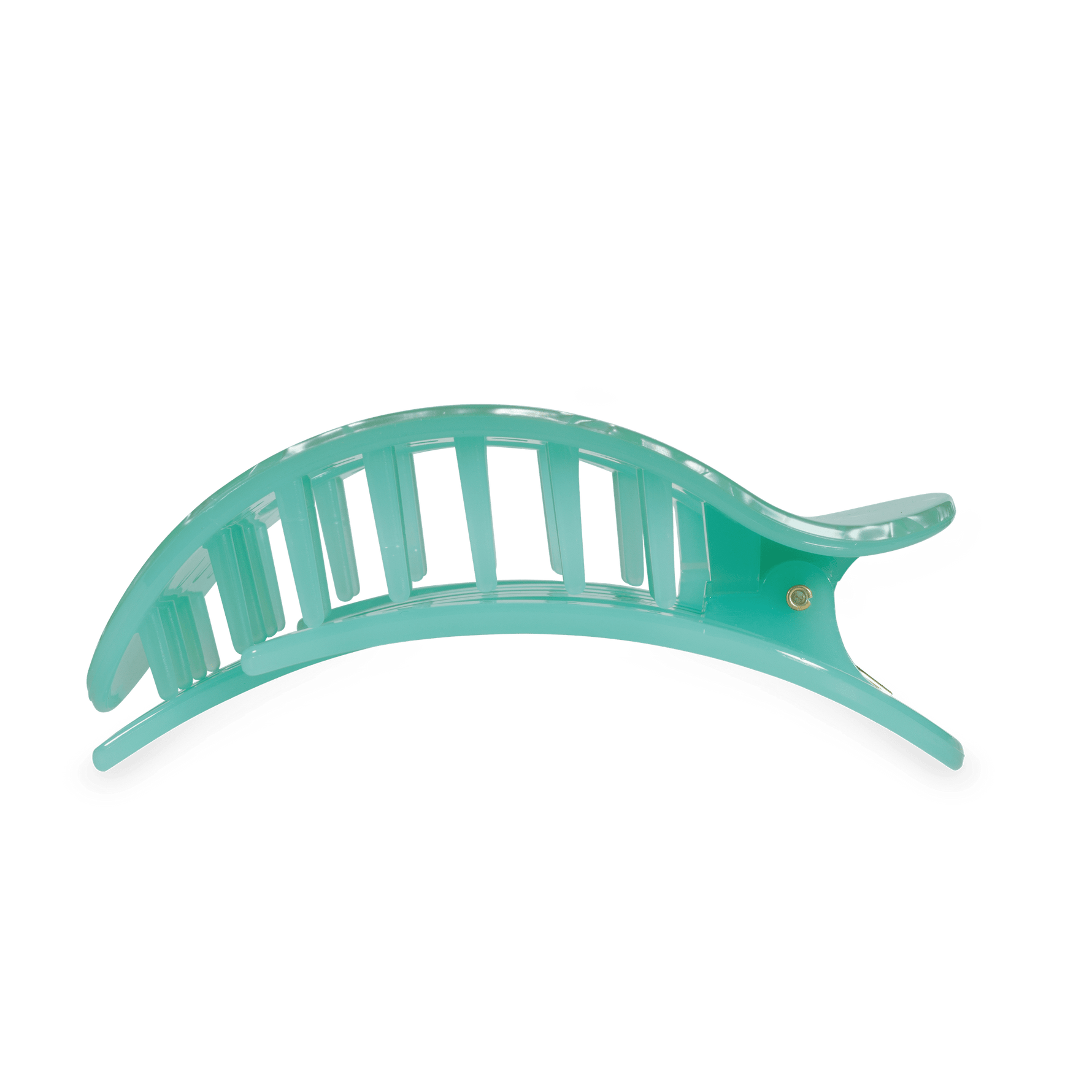 Large flat round hair clip, mint green translucent side view with spring hinge prongs