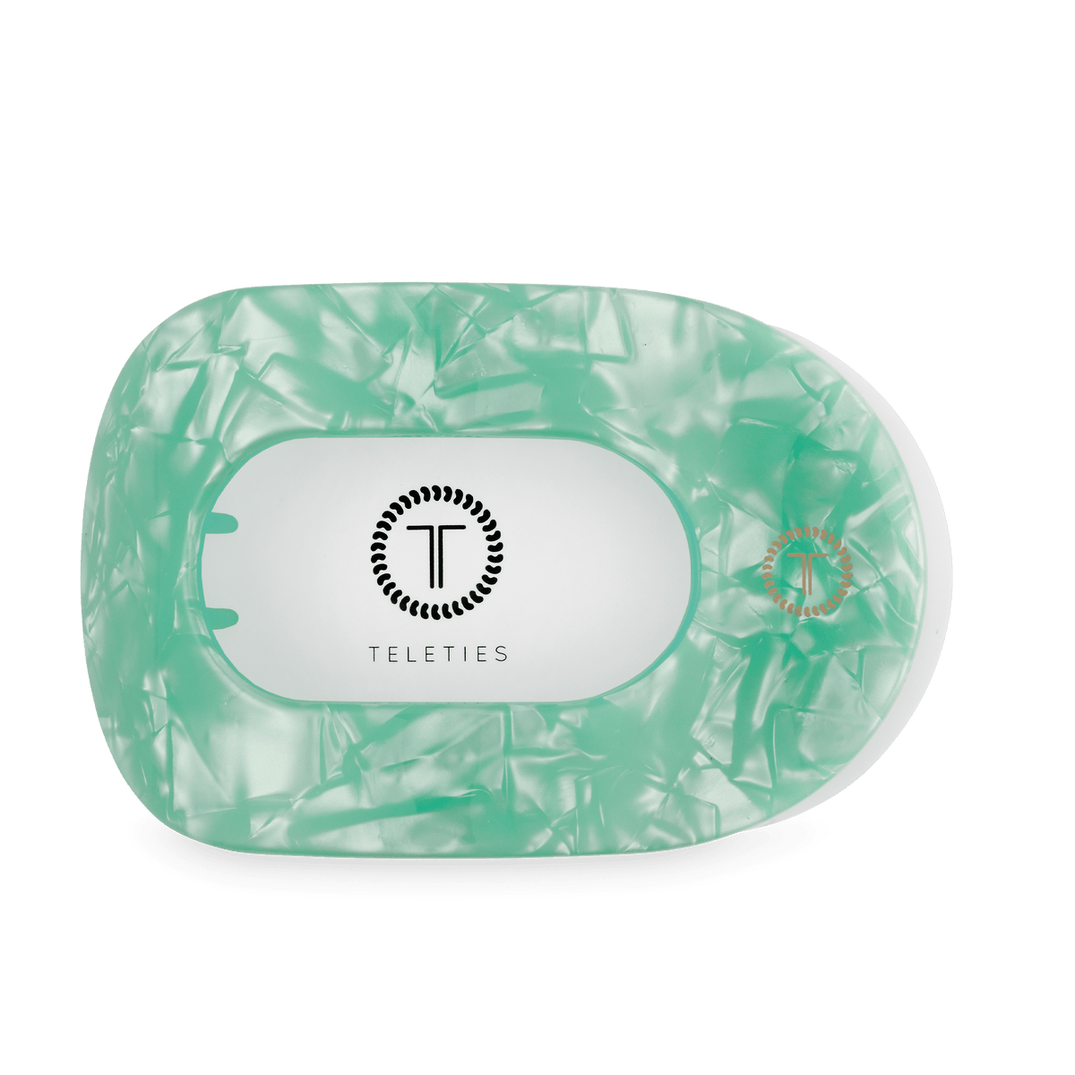 Large flat round hair clip, translucent mint green with slot opening and Teleties logo