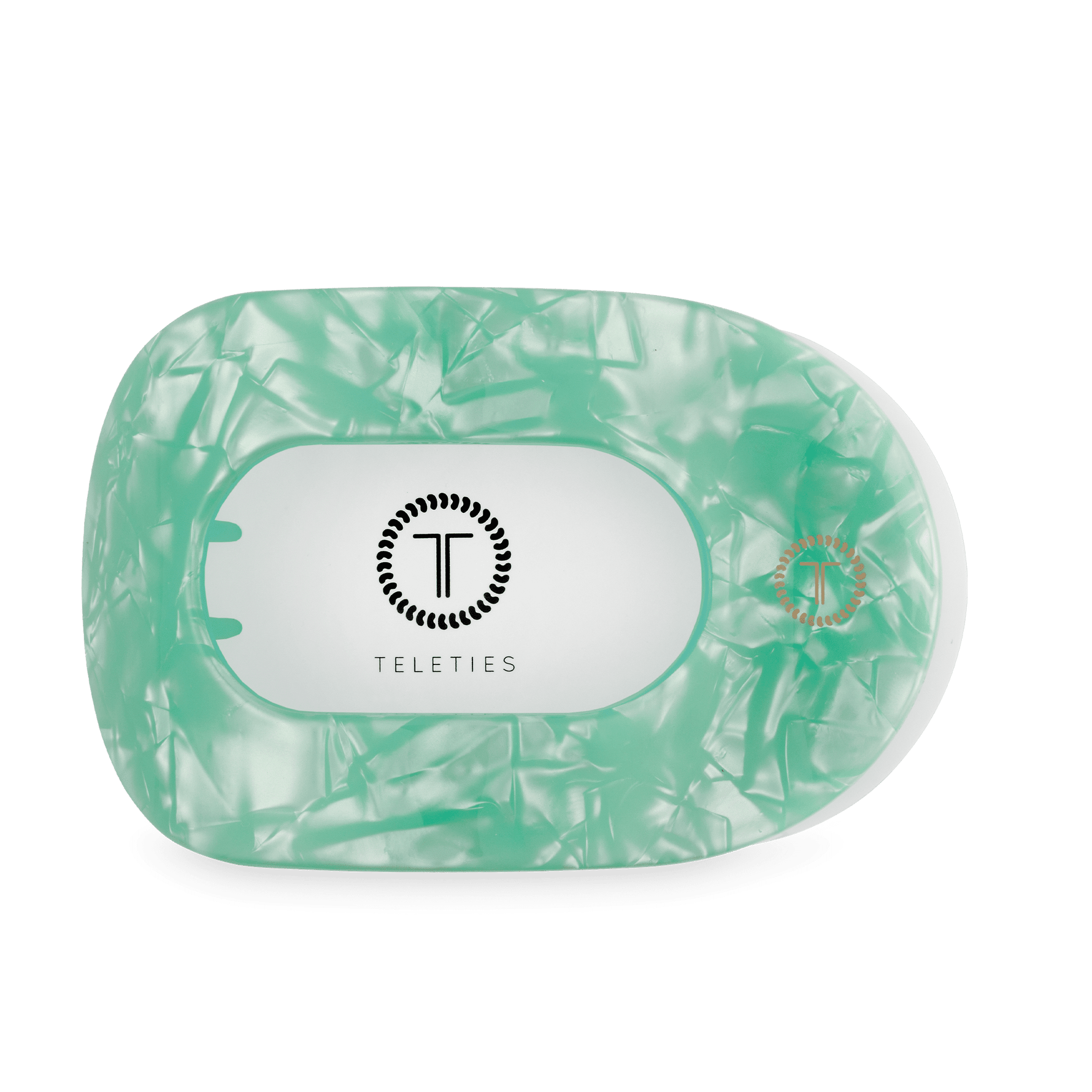 Large flat round hair clip, translucent mint green with slot opening and Teleties logo