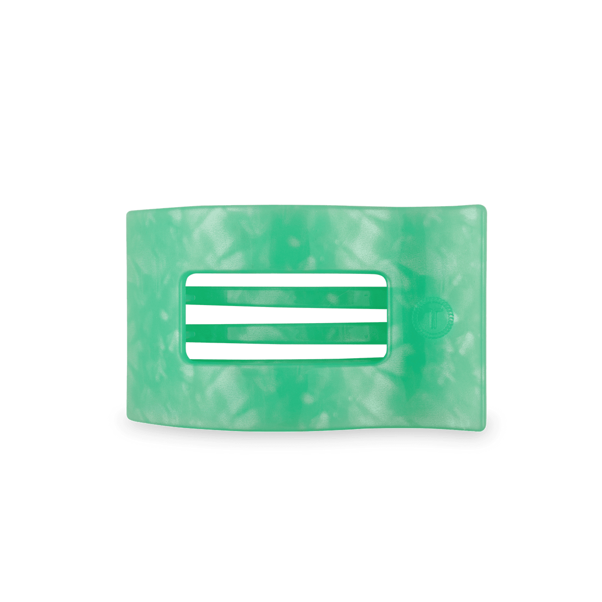 Mint green rectangular flat hair clip with three-bar design.