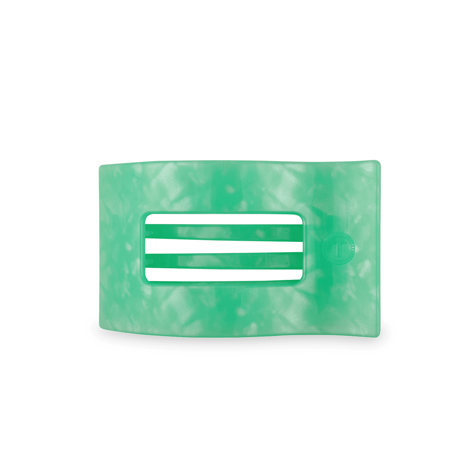 Mint green rectangular flat hair clip with three-bar design.