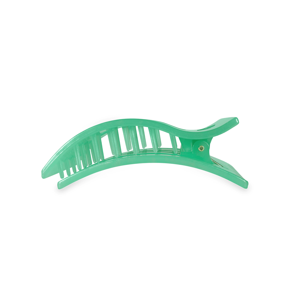Mint green plastic claw hair clip with curved prongs.