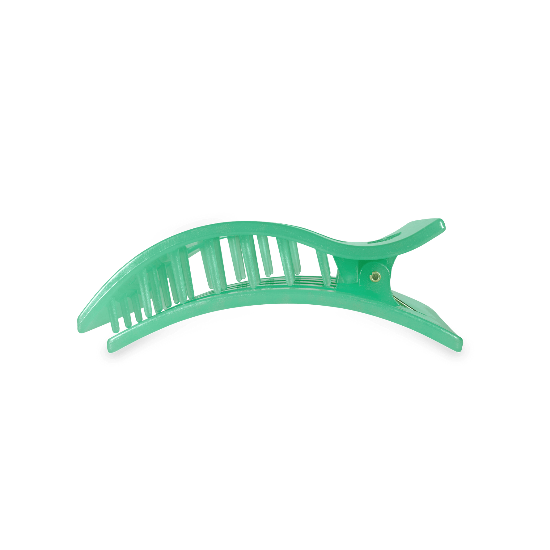 Mint green plastic claw hair clip with curved prongs.