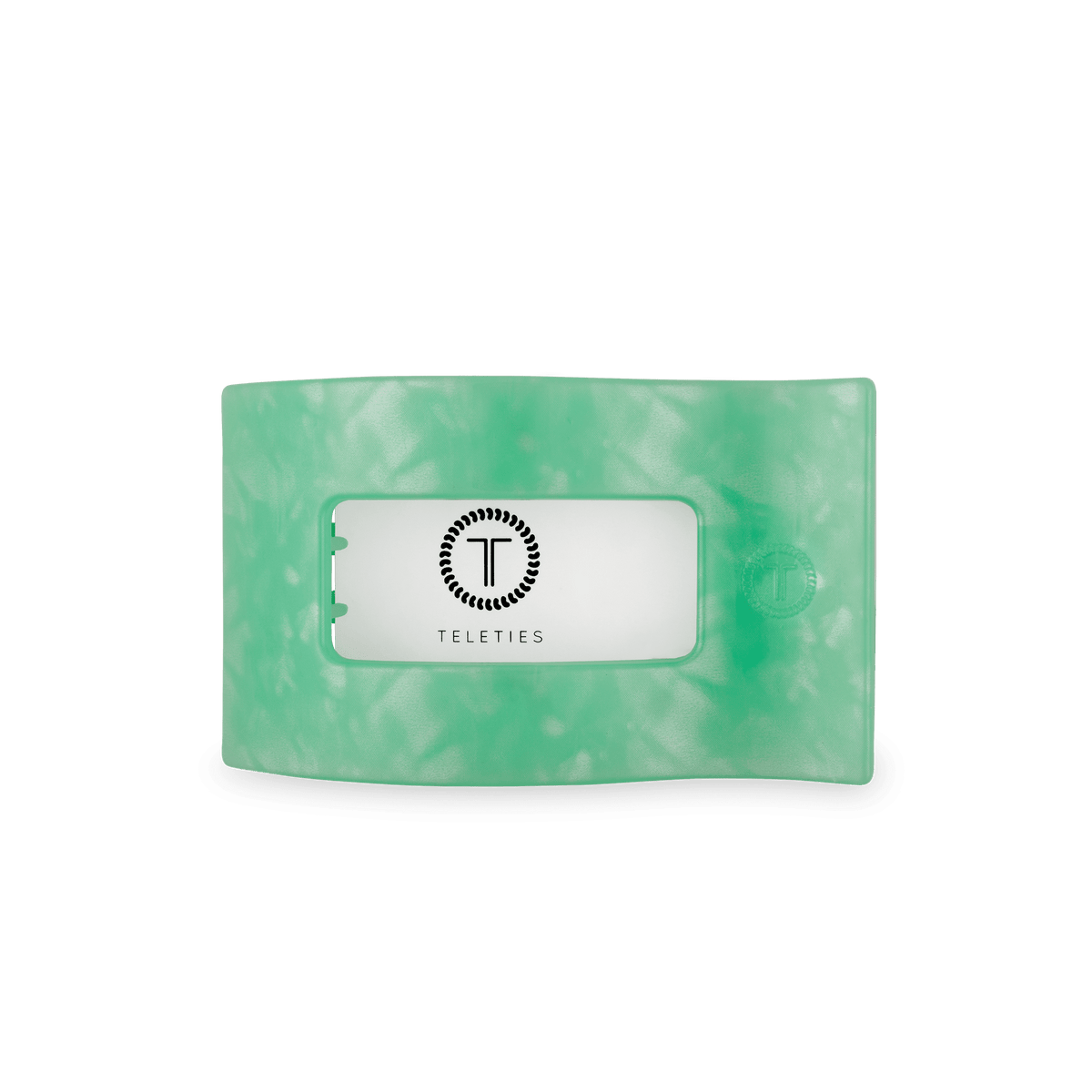 Mint green rectangular hair clip with Teteleties logo window.