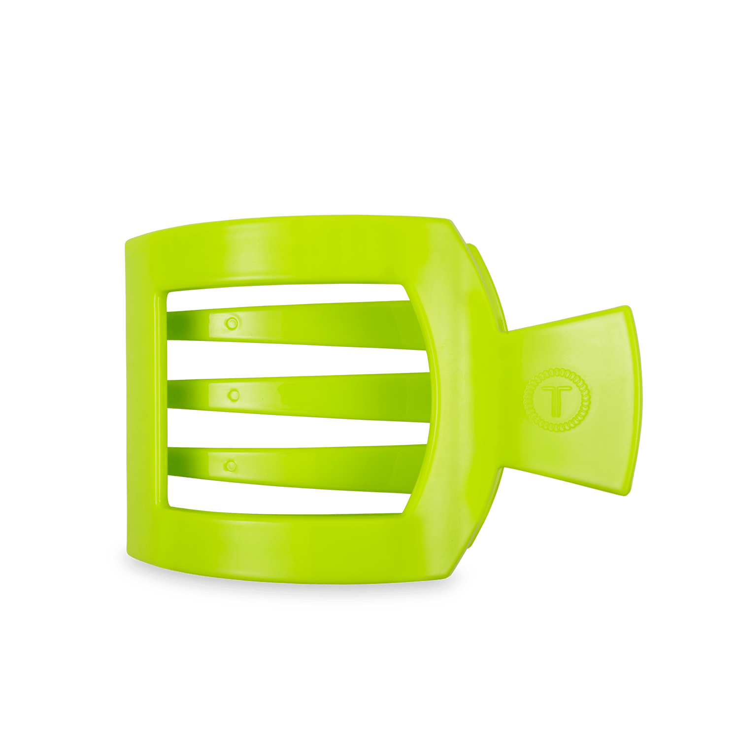 Neon green flat square hair clip with ridged teeth and hinged back