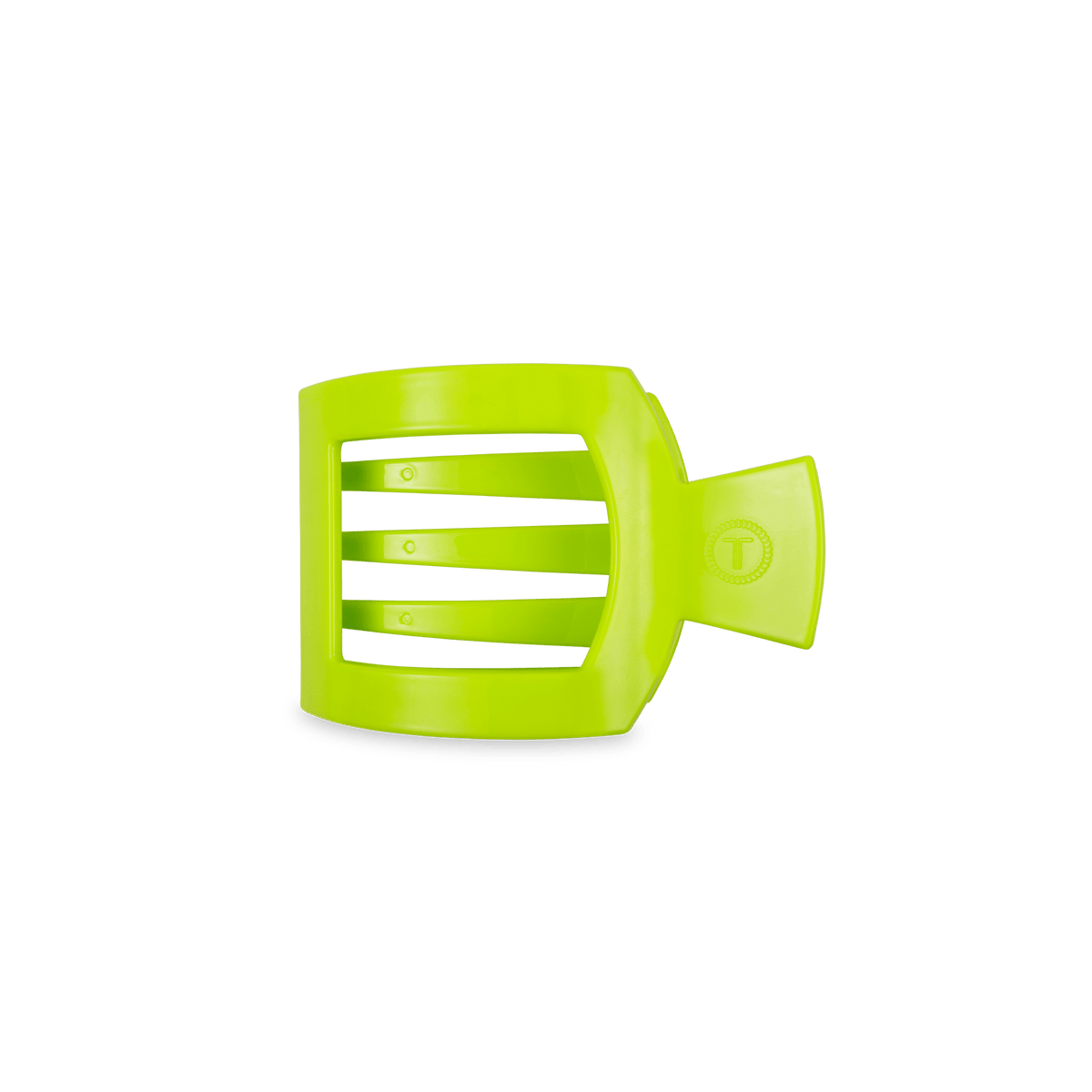 Neon lime small flat square hair clip with ridged claw, side view