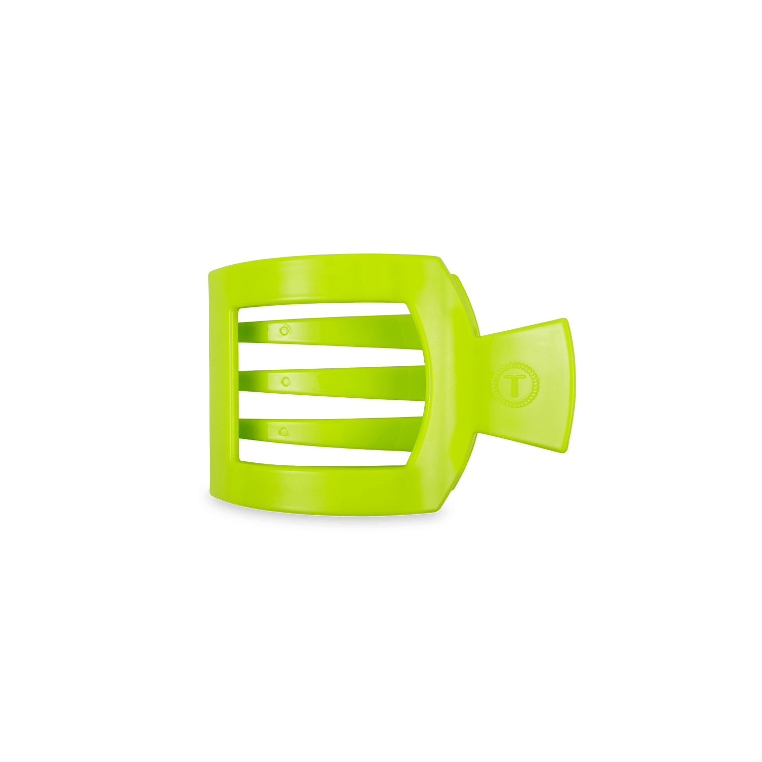 Neon lime small flat square hair clip with ridged claw, side view
