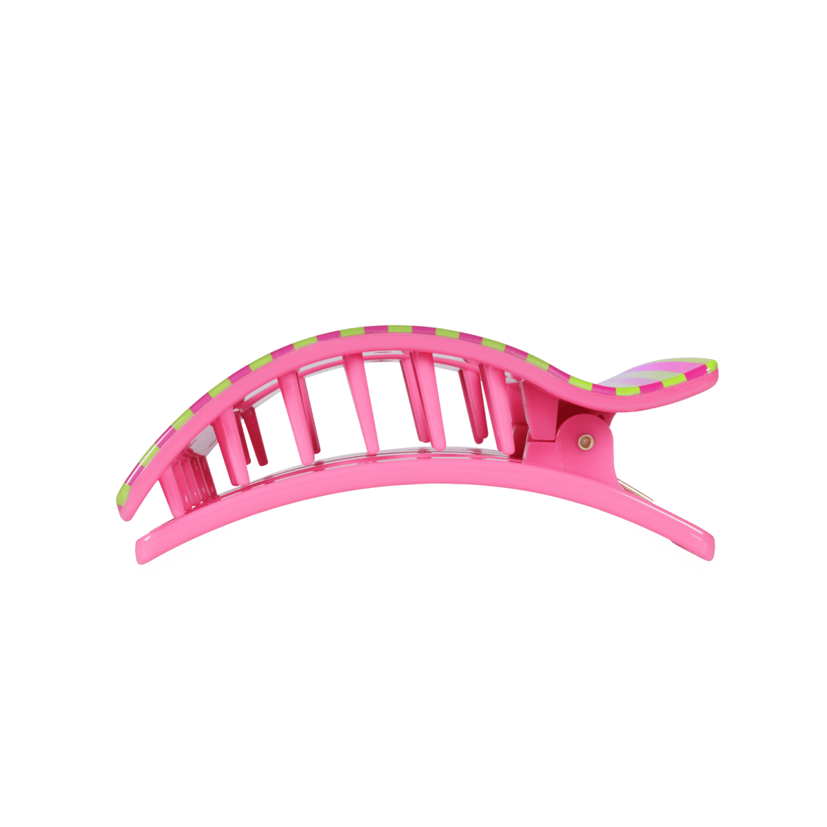 Pink large flat rectangle hair clip with vertical stripes and side comb teeth.