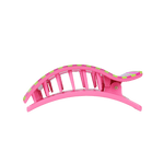 Pink large flat rectangle hair clip with vertical stripes and side comb teeth.