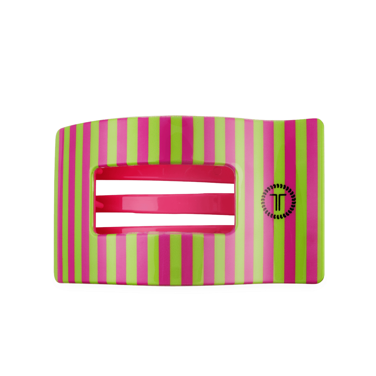 Large flat rectangle hair clip with pink and lime vertical stripes and red grip.