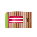 Large flat rectangle hair clip with pink and lime vertical stripes and red grip.