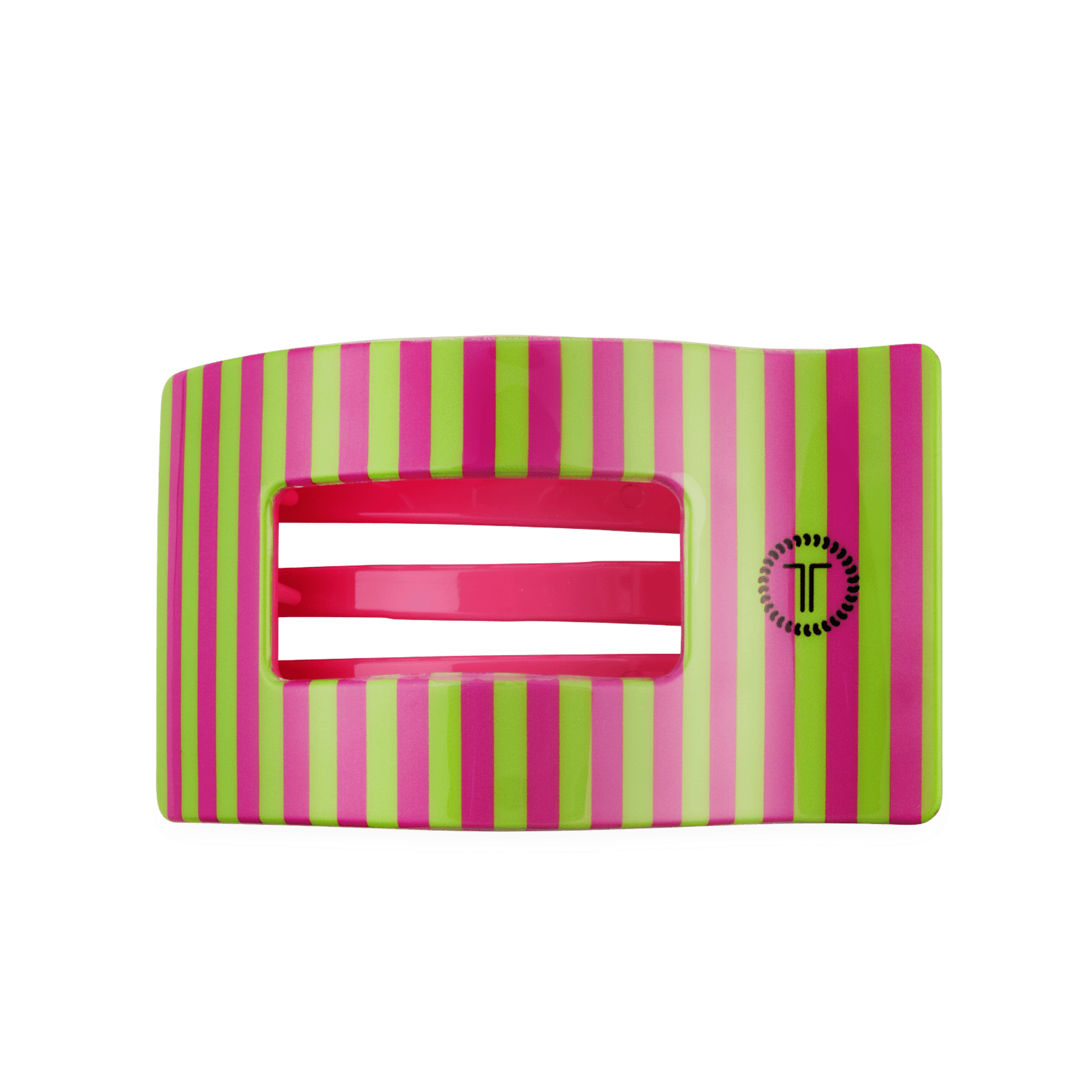 Large flat rectangle hair clip with pink and lime vertical stripes and red grip.