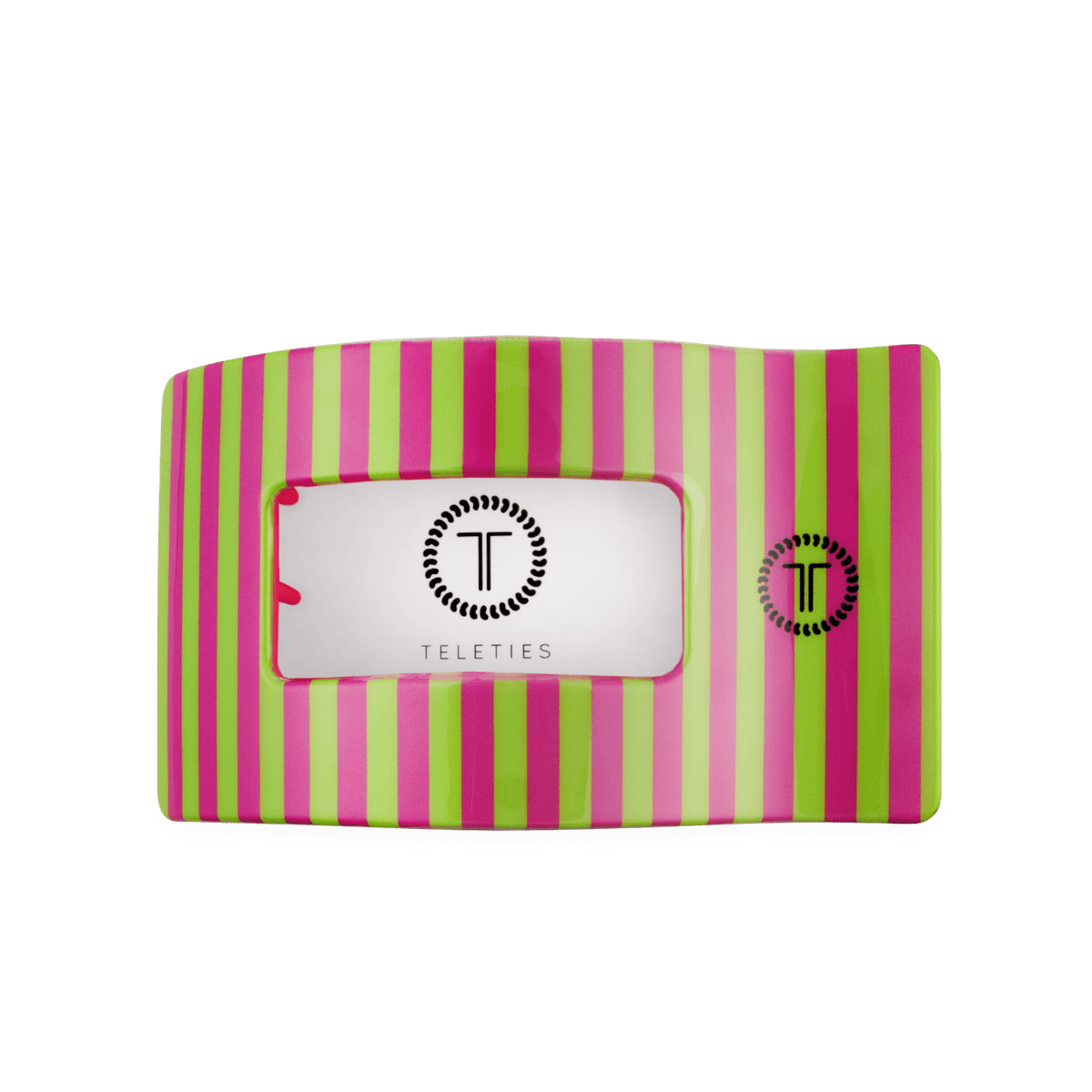 Large striped hair clip shown on card backing with T-element logo and grip.