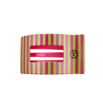 Medium flat rectangle hair clip, pink and green striped with metal teeth