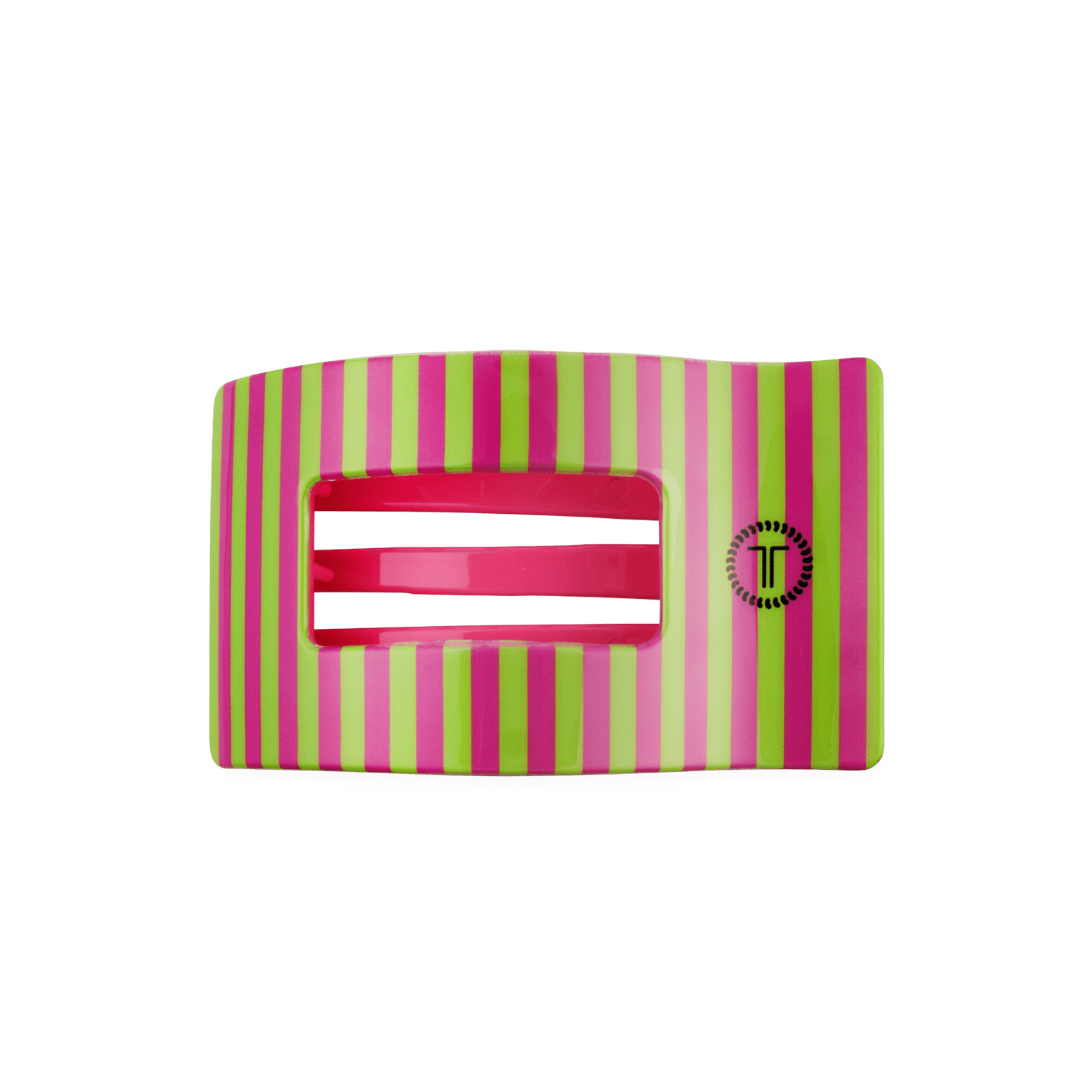 Medium flat rectangle hair clip, pink and green striped with metal teeth