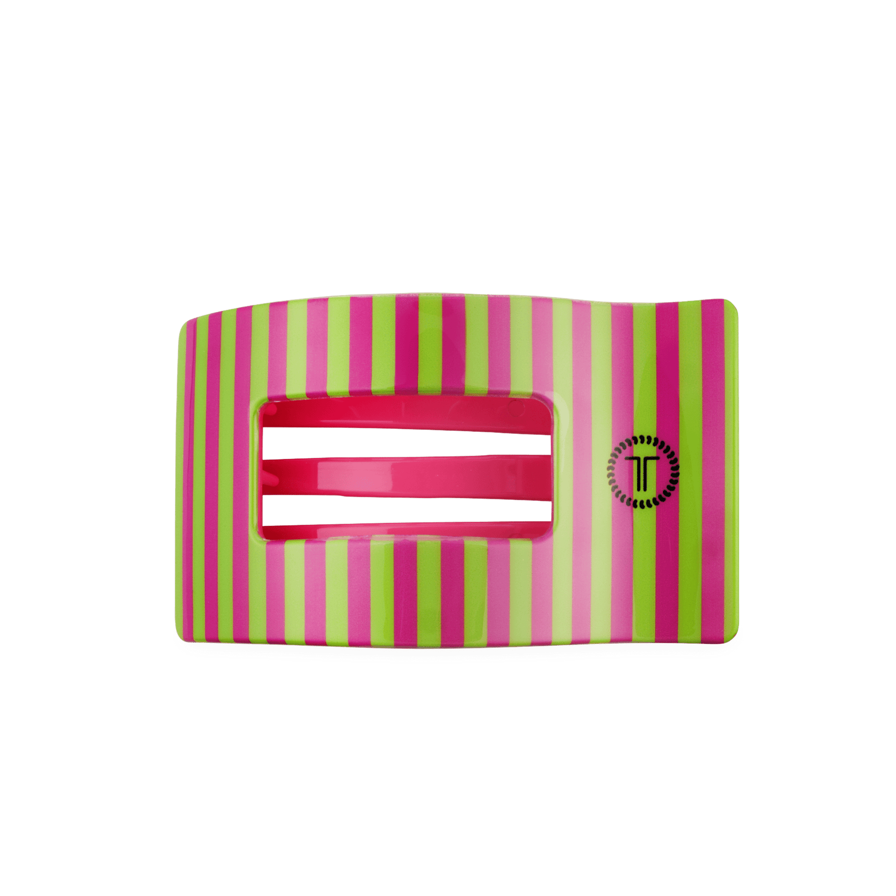 Medium flat rectangle hair clip, pink and green striped with metal teeth