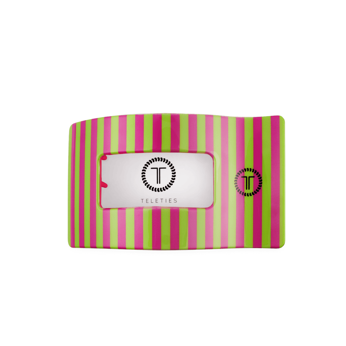 Medium flat rectangle hair clip in box card backing; pink and green stripes
