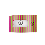Medium flat rectangle hair clip in box card backing; pink and green stripes