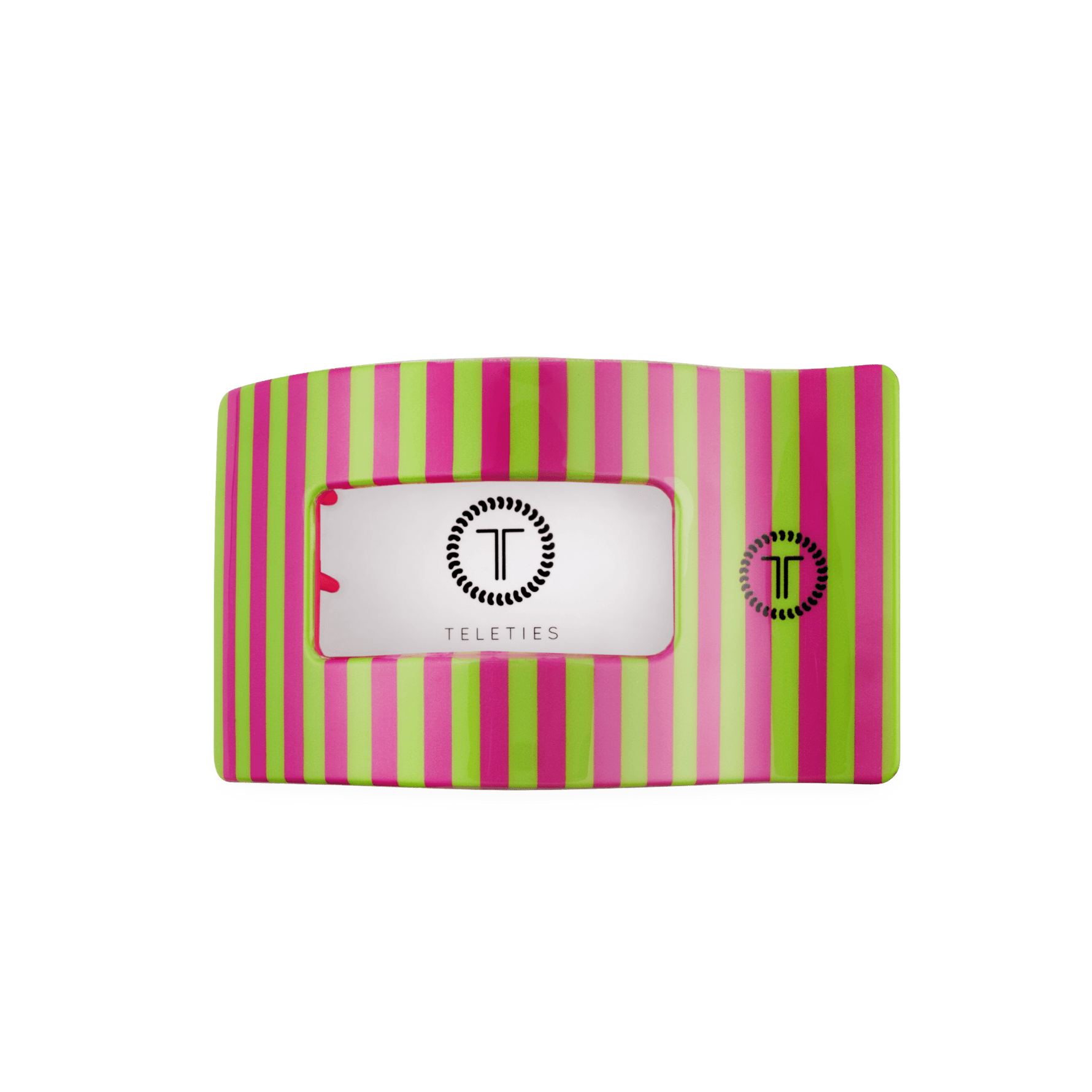 Medium flat rectangle hair clip in box card backing; pink and green stripes