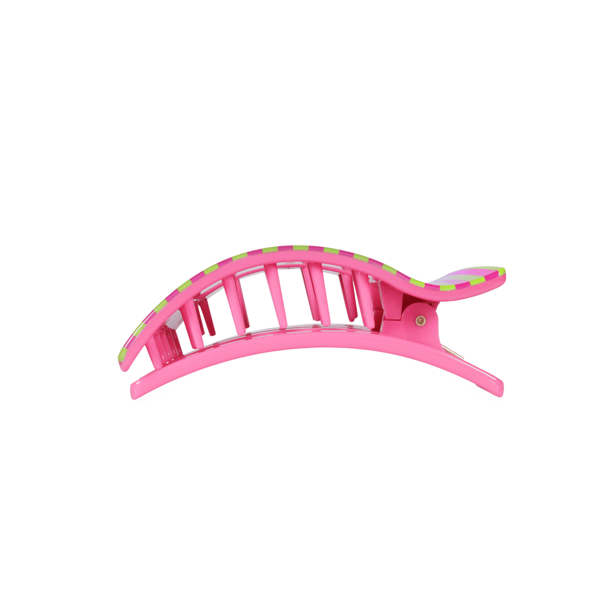 Medium flat rectangle hair clip side view, pink body with pink-and-green stripe accents